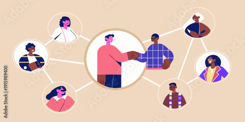 Diverse group of people connecting and shaking hands in a network illustration