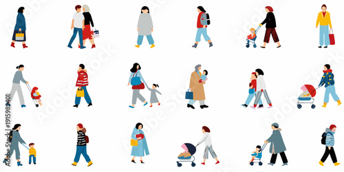 Diverse group of stylized people walking in various outfits and situations