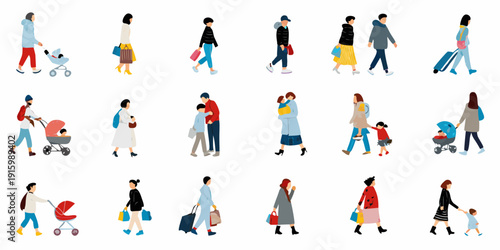 Diverse group of stylized people walking in various everyday scenarios