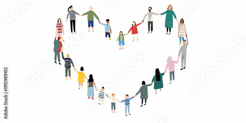 Diverse group of people forming a heart shape with joined hands