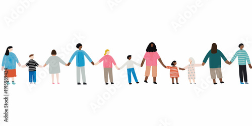 Diverse group of people holding hands in a line representing unity