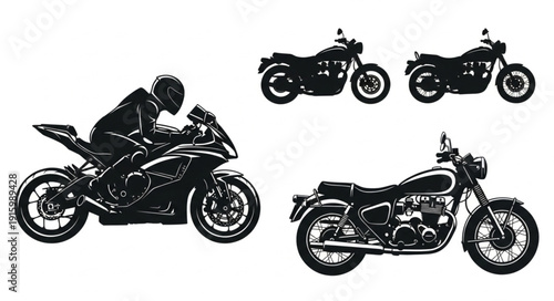 Motorcycle rider and various motorcycle types silhouette collection.