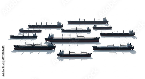 Multiple cargo ships arranged in a scattered pattern on a white background.