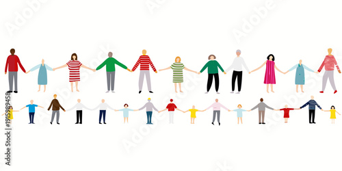 Diverse group of people holding hands in a connected line illustration