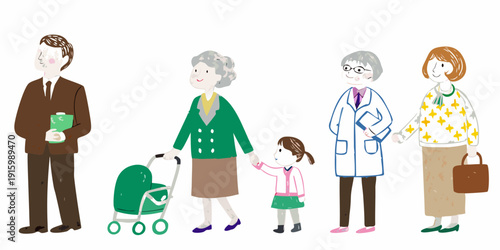 A family of five generations stands together including a baby in a stroller