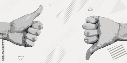 Two hands displaying opposing gestures thumbs up and thumbs down