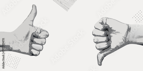 Two hands displaying opposing gestures thumbs up and thumbs down