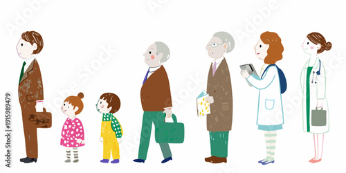 A diverse group of people including children and healthcare workers stand in a line