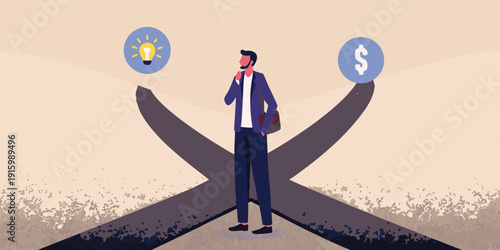 A man contemplates a decision between innovation and financial gain
