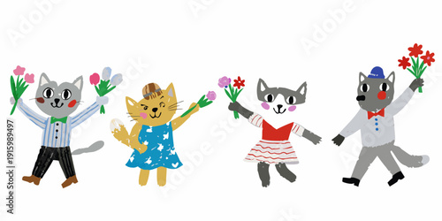 Four anthropomorphic cats joyfully holding bouquets of colorful flowers