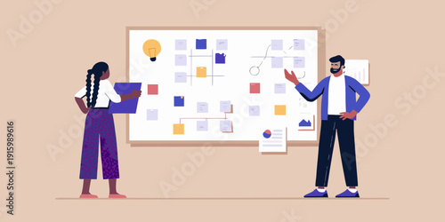 Team collaboration with a brainstorming session using a whiteboard and sticky notes