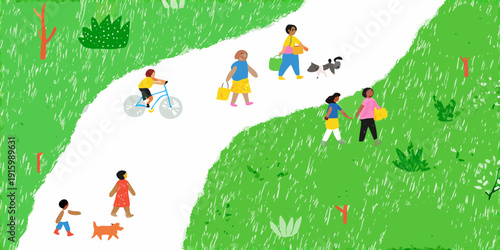 People and dogs enjoy a sunny walk along a park pathway