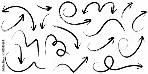 Collection of hand drawn black arrow shapes and curved directional indicators