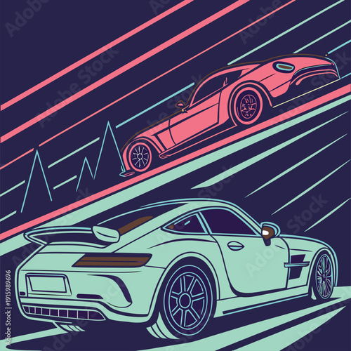 Sleek Ride's Race: An illustration of two sport cars racing against each other, exuding a sense of speed, competition, and exhilaration, all under a dynamic sky.