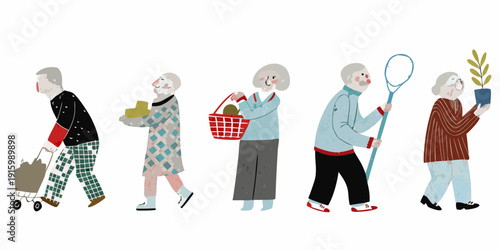 A line of illustrated seniors engaged in leisurely outdoor activities
