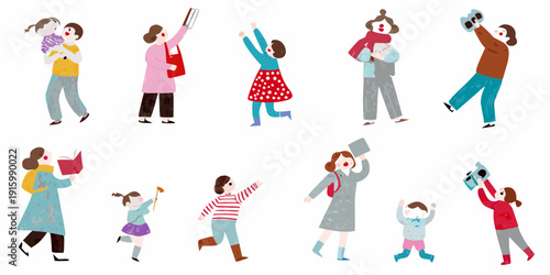 Diverse group of people engaging in various joyful activities illustrated style