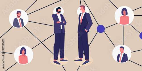 Business professionals connected by a network of lines and circular nodes