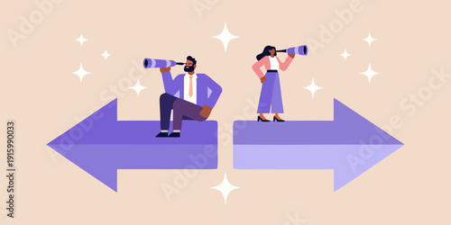 Two people contemplate diverging paths using binoculars to view their futures