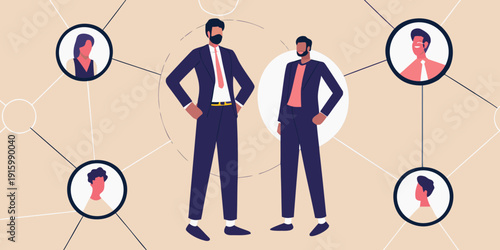 Business networking illustration with diverse professionals connected by lines