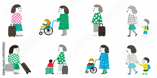 Stylized illustration depicting diverse people with luggage and mobility aids