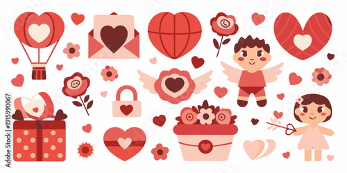 Colorful valentine s day themed illustrations with hearts gifts and cupid