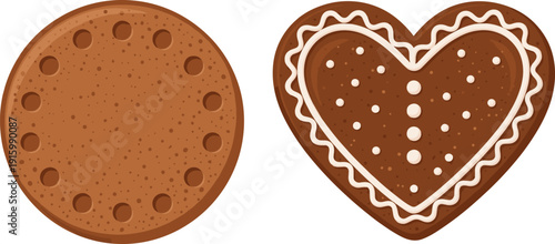Gingerbread cookie and heart shaped biscuit vector illustration with icing decoration, sweet bakery dessert clipart isolated on white background design