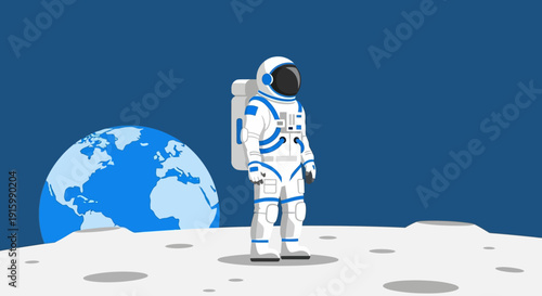 Astronaut standing on lunar surface gazing at Earth from a distant moonlit viewpoint