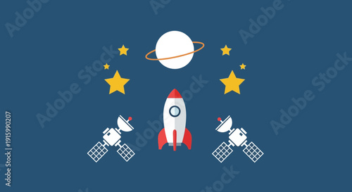 A rocket ship blasting off into space surrounded by satellites and stars in a celestial environment viewed from a distant perspective.