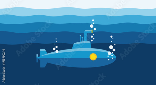 Underwater submarine navigating through the deep blue ocean, viewed from the side.