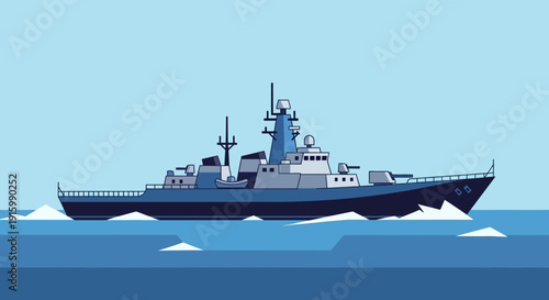 A navy warship sails through icy waters in a serene ocean landscape