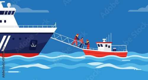 Rescue operation underway as people are being pulled from a smaller boat to a larger ship in the open sea.