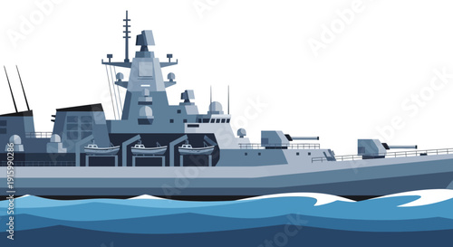Modern warship sailing through calm blue waters viewed from the side with detailed naval vessel structure visible