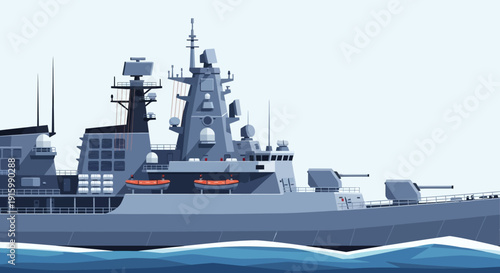 Modern warship sailing through calm ocean waters, viewed from the side, showcasing advanced military technology and sleek design