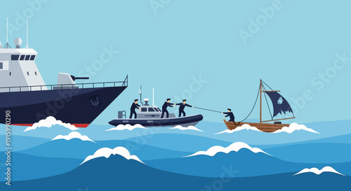 Rescue operation underway as crew members transfer survivors from small sailboat to larger vessel amidst turbulent ocean waves