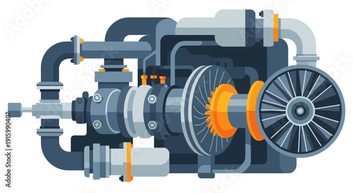 Illustration of a complex industrial turbocharger system with intricate piping and rotating components.