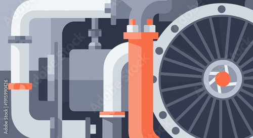 Close-up view of industrial machinery with pipes and a large fan, rendered in a flat, graphic style.