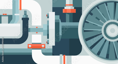 Close-up view of industrial machinery with pipes, valves, and a large fan.