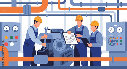 Three engineers in hard hats and overalls working on complex industrial machinery with blueprints and tools.