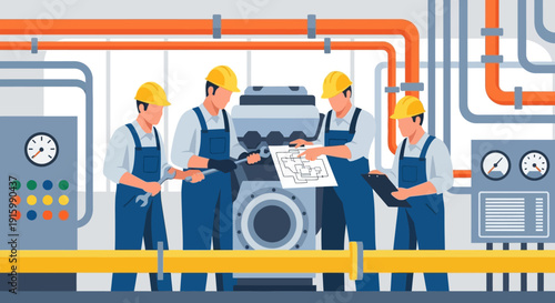 Industrial workers in uniform inspecting machinery and documents in a modern factory setting from a straightforward viewpoint