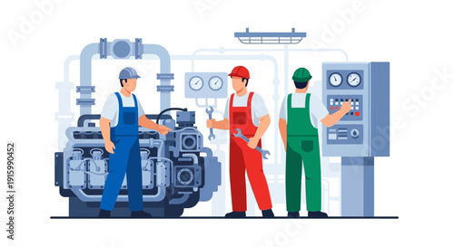 Three male mechanics in work overalls and hard hats inspecting and operating a large industrial engine and control panel.