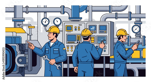 Three male industrial workers in hard hats and blue overalls are inspecting and operating machinery and control panels in a factory setting.