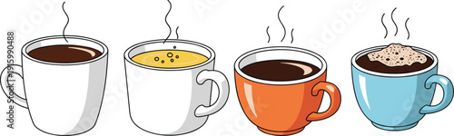 Cartoon coffee and tea cups with steam isolated on white background for hot beverage, cafe menu, breakfast, and drink illustration concept