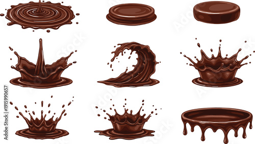 Chocolate Splash Collection with Liquid Cocoa Drops and Sweet Dessert Drip Effects Vector Illustration Set for Food and Candy Design