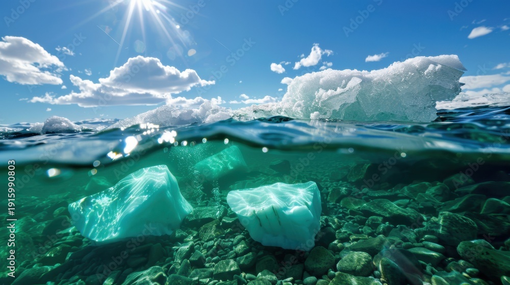Fototapeta premium Crystal Clear Waters with Icebergs and Rocks Beneath a Bright Sunny Sky in a Serene Natural Landscape