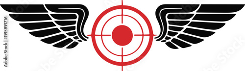 Red target with concentric circles and crosshairs flanked by symmetrical black wings, bold aviation military vector illustration emblem design