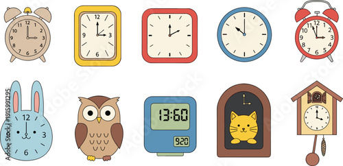 Tableau sur toile Cute Clock Collection with Alarm Wall Digital and Animal Themed Timepieces Vecto