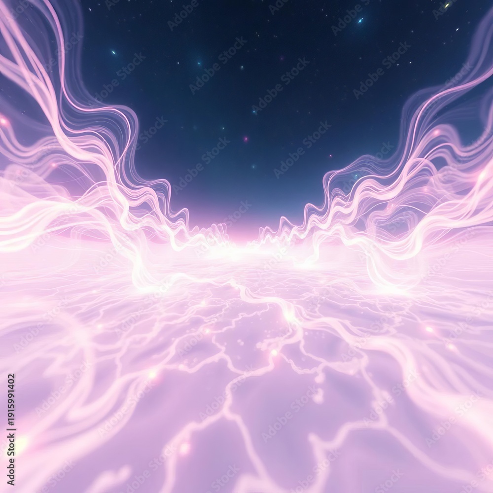 Fototapeta premium Ethereal pastel energy currents flowing through a cosmic mind-map, a serene yet active depiction of inner landscapes, viewed from an unexpected angle, dutch angle, landscape