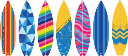 Colorful Surfboard Vector Collection with Geometric Stripes Waves and Abstract Patterns Isolated on White Background for Summer Beach Design