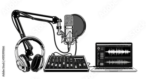 Professional podcasting and broadcasting studio equipment setup.