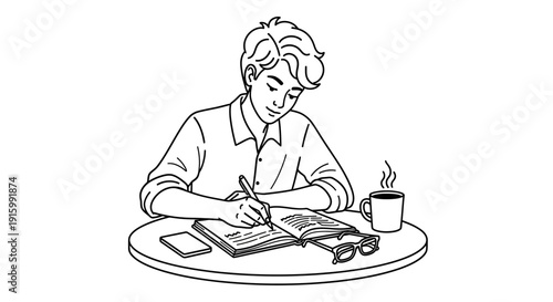 Young man writing in a notebook with a pen at a table.